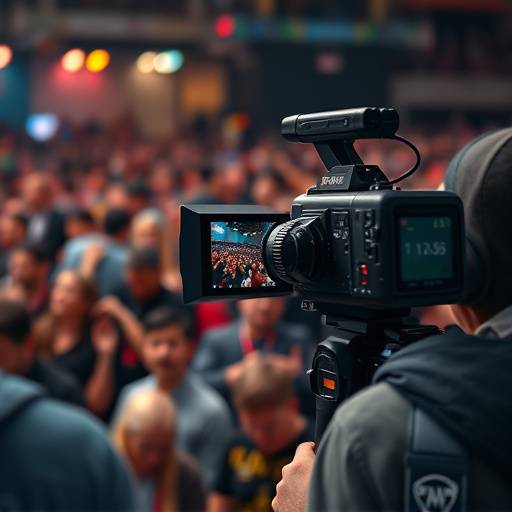 Camera operator filming an event with a large audience